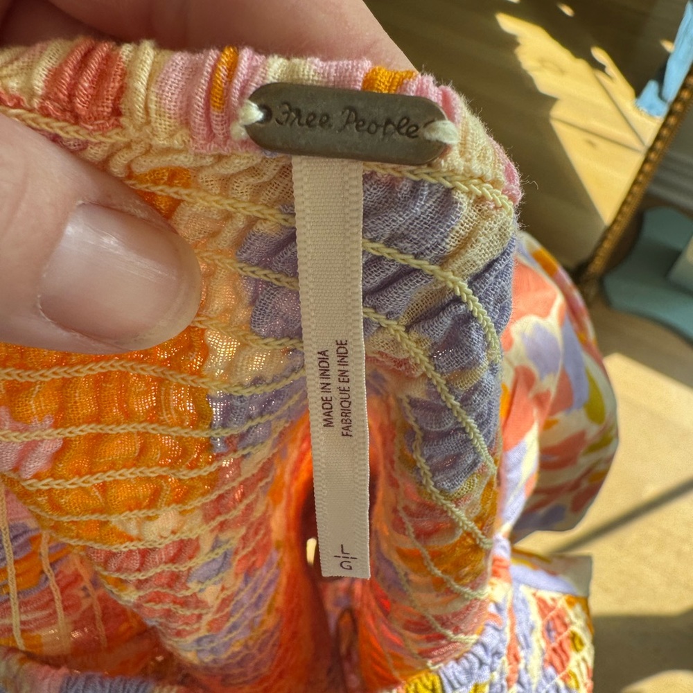 Free People Size Large Floral Smocked Top Cotton Balloon Sleeve Orange Blue Pink - Picture 7 of 16